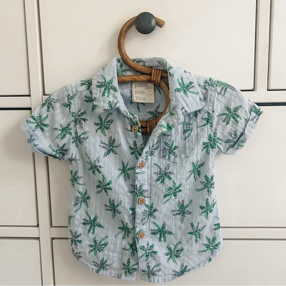 6-9 mo First Impressions Blue and green palm print short sleeve shirt #baby